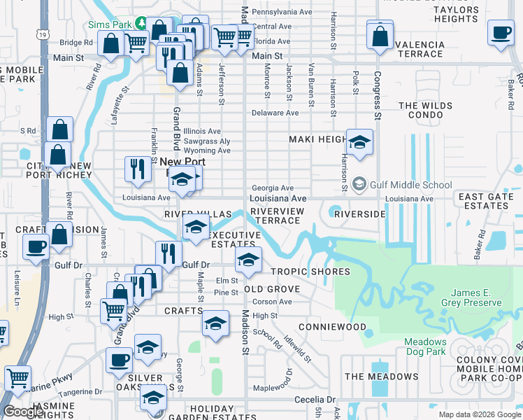 map of restaurants, bars, coffee shops, grocery stores, and more near 5703 Monroe Street in New Port Richey
