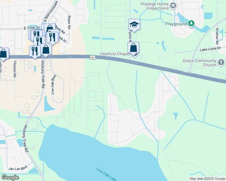 map of restaurants, bars, coffee shops, grocery stores, and more near Bur Oak Boulevard in Osceola County