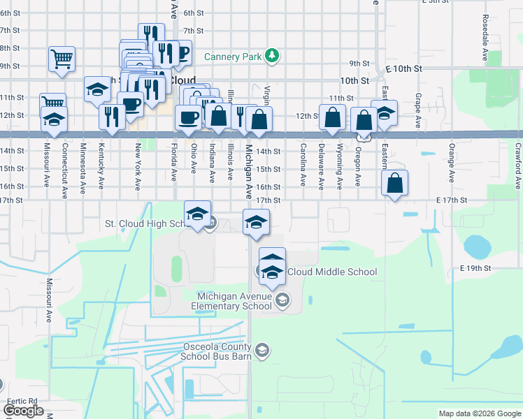 map of restaurants, bars, coffee shops, grocery stores, and more near 1761 Michigan Avenue in St. Cloud