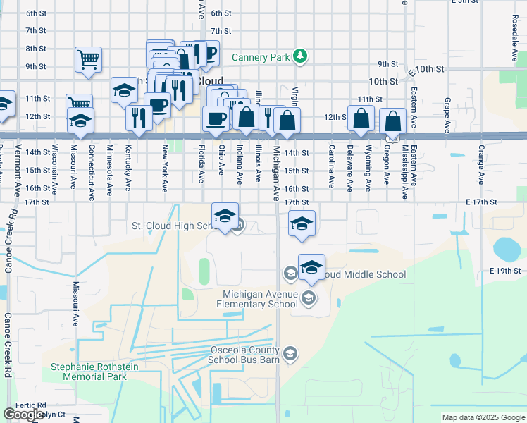 map of restaurants, bars, coffee shops, grocery stores, and more near 1725 Illinois Avenue in St. Cloud