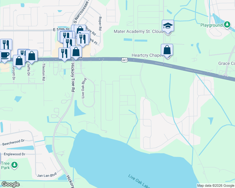 map of restaurants, bars, coffee shops, grocery stores, and more near 2041 Live Oak Boulevard in St. Cloud