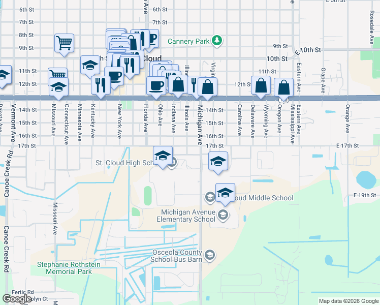 map of restaurants, bars, coffee shops, grocery stores, and more near 1725 Illinois Avenue in St. Cloud