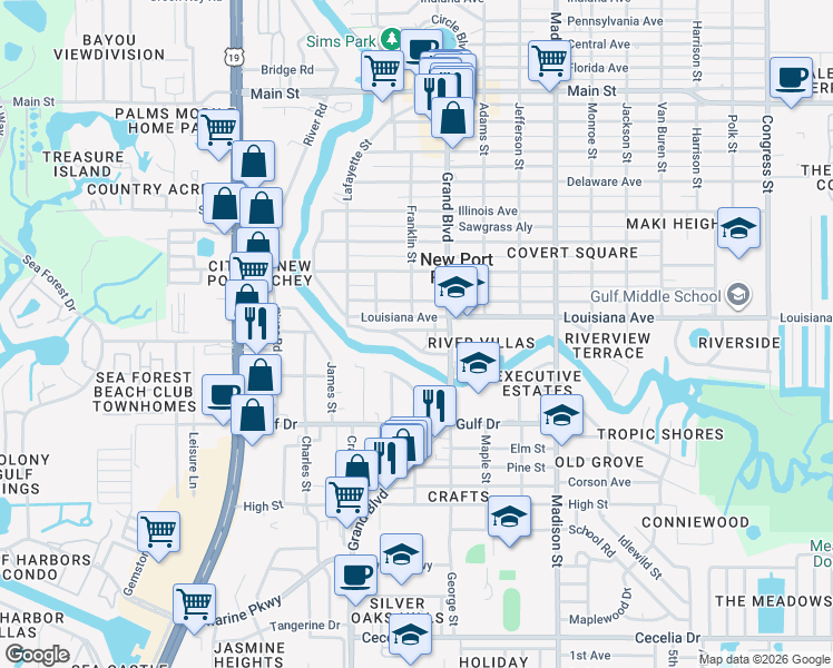 map of restaurants, bars, coffee shops, grocery stores, and more near 5702 Oak Ridge Avenue in Port Richey