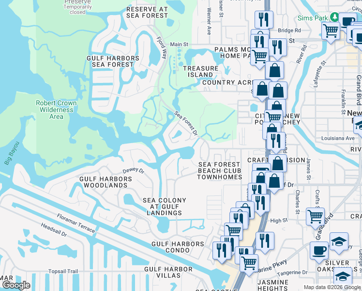 map of restaurants, bars, coffee shops, grocery stores, and more near 5712 Biscayne Court in New Port Richey