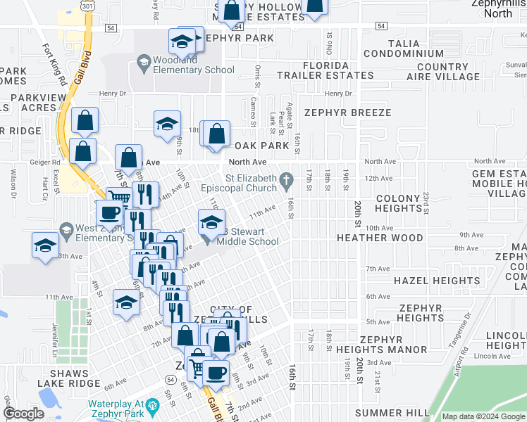 map of restaurants, bars, coffee shops, grocery stores, and more near 5754 13th Street in Zephyrhills