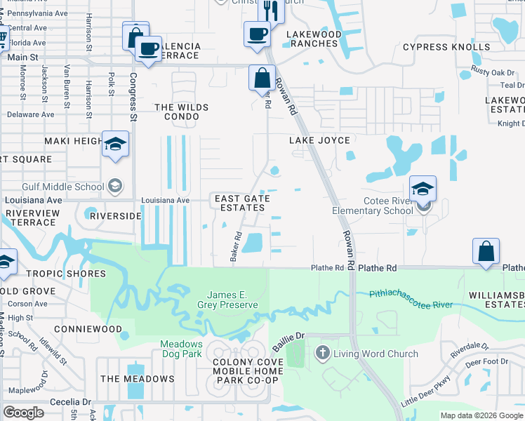map of restaurants, bars, coffee shops, grocery stores, and more near 5708 Calla Drive in New Port Richey