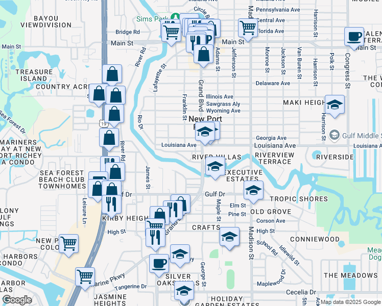 map of restaurants, bars, coffee shops, grocery stores, and more near 5702 Oak Ridge Avenue in Port Richey