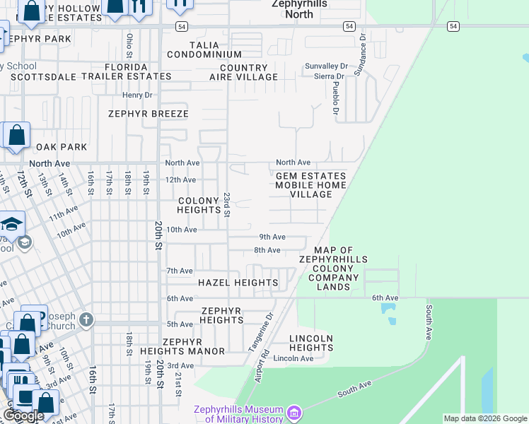 map of restaurants, bars, coffee shops, grocery stores, and more near 39350 Dundee Road in Zephyrhills