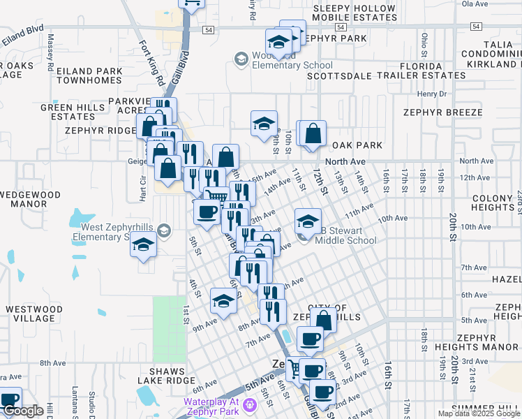 map of restaurants, bars, coffee shops, grocery stores, and more near 38241 13th Avenue in Zephyrhills