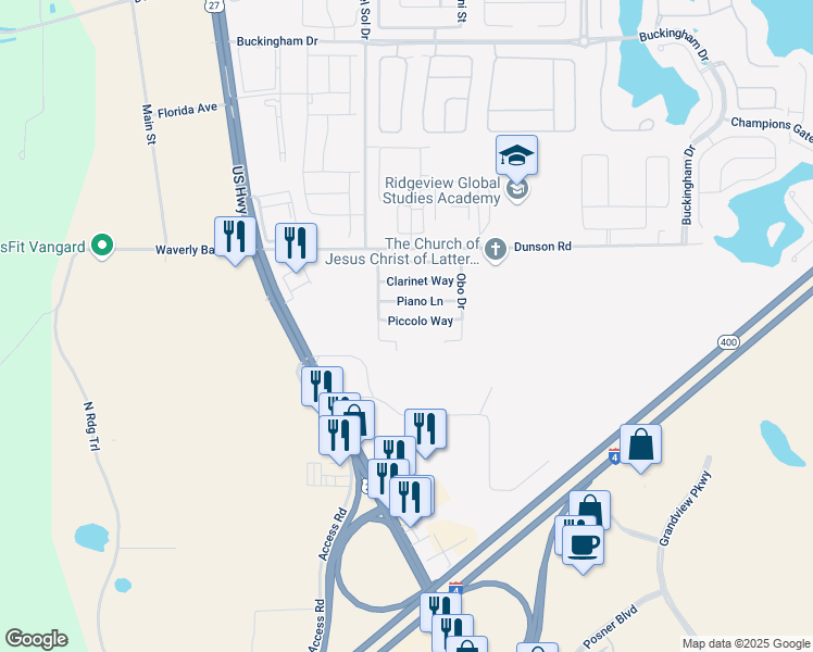map of restaurants, bars, coffee shops, grocery stores, and more near 201 Piccolo Way in Davenport