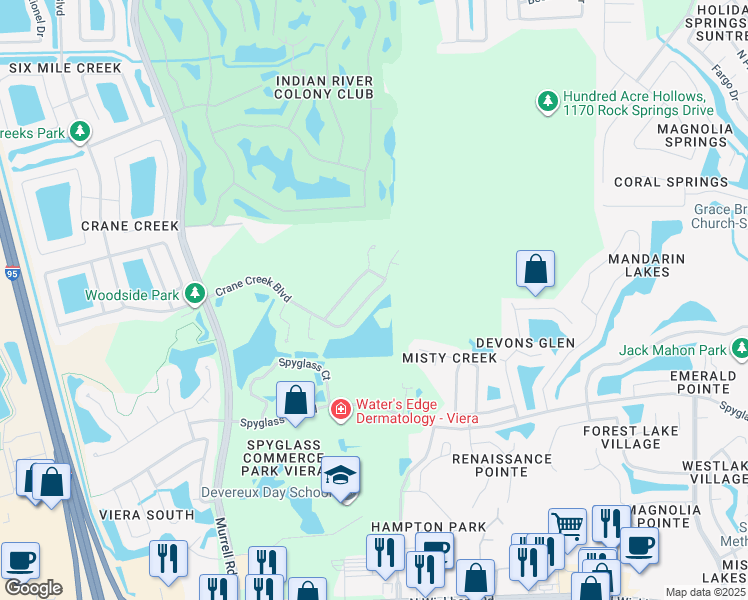 map of restaurants, bars, coffee shops, grocery stores, and more near 1457 Crane Creek Boulevard in Melbourne