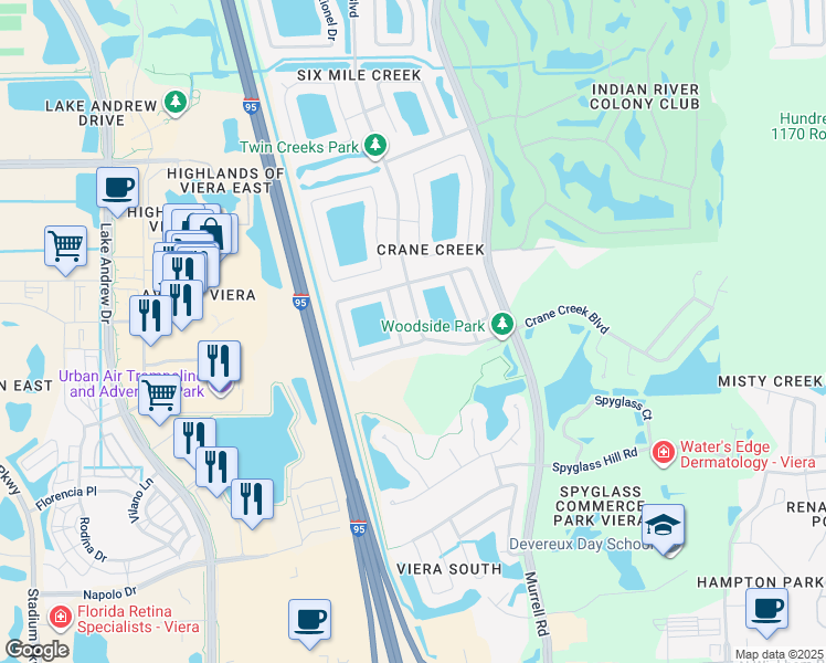 map of restaurants, bars, coffee shops, grocery stores, and more near 1794 Crane Creek Boulevard in Melbourne
