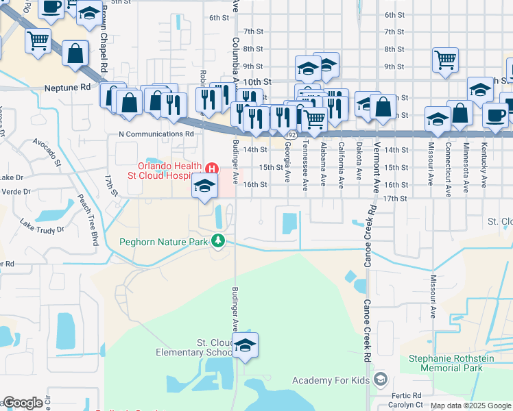 map of restaurants, bars, coffee shops, grocery stores, and more near 1706 Longleaf Drive in St. Cloud