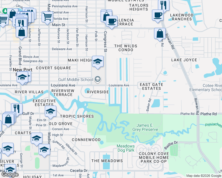 map of restaurants, bars, coffee shops, grocery stores, and more near 5712 Congress Street in New Port Richey