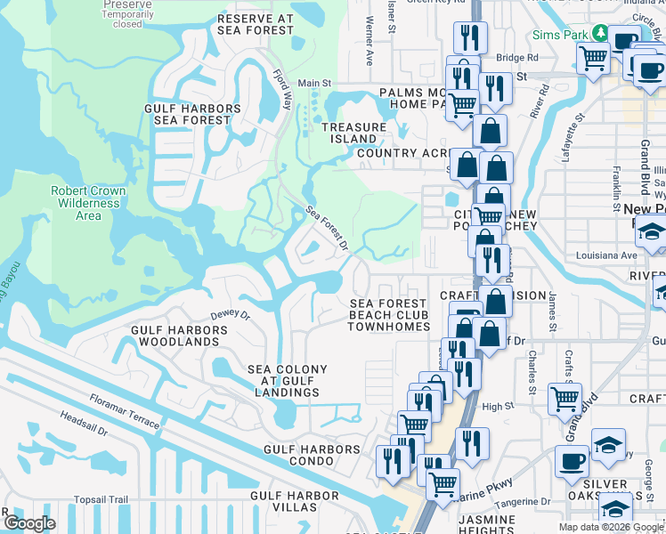 map of restaurants, bars, coffee shops, grocery stores, and more near 5705 Egrets Place in Port Richey