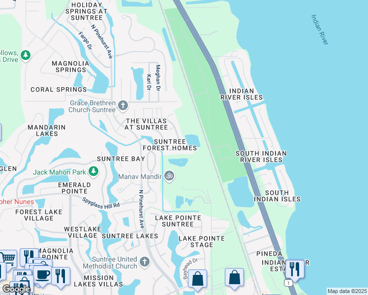map of restaurants, bars, coffee shops, grocery stores, and more near 899 Villa Drive in Melbourne