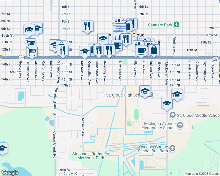 map of restaurants, bars, coffee shops, grocery stores, and more near 1706 Massachusetts Avenue in Saint Cloud