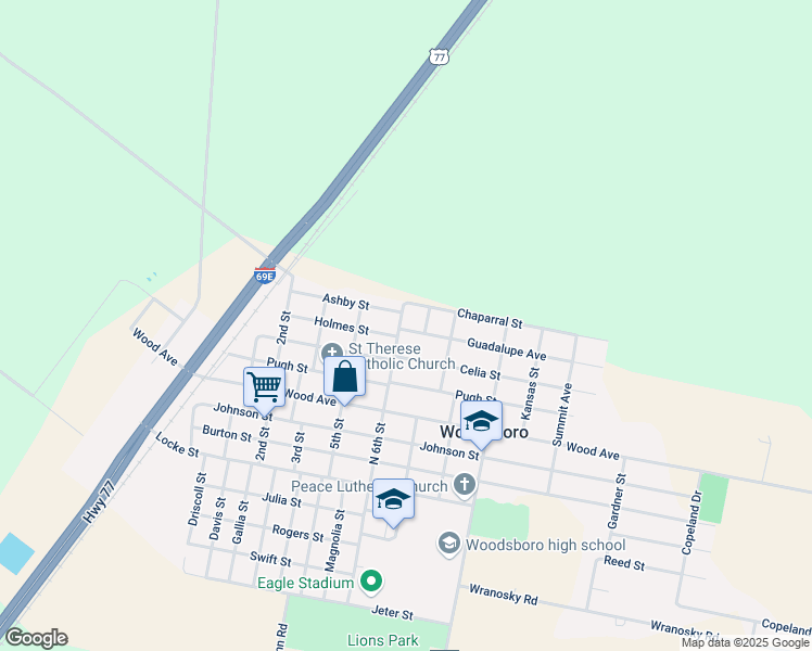 map of restaurants, bars, coffee shops, grocery stores, and more near 603 Guadalupe Avenue in Woodsboro