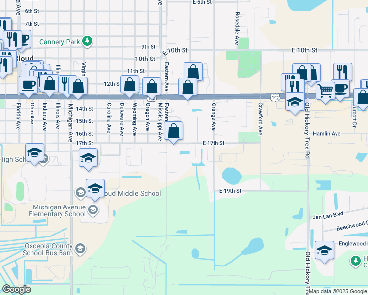 map of restaurants, bars, coffee shops, grocery stores, and more near 107 East 17th Street in St. Cloud