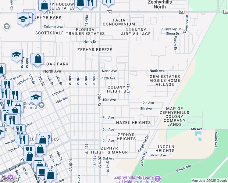 map of restaurants, bars, coffee shops, grocery stores, and more near 5812 Beech Street in Zephyrhills