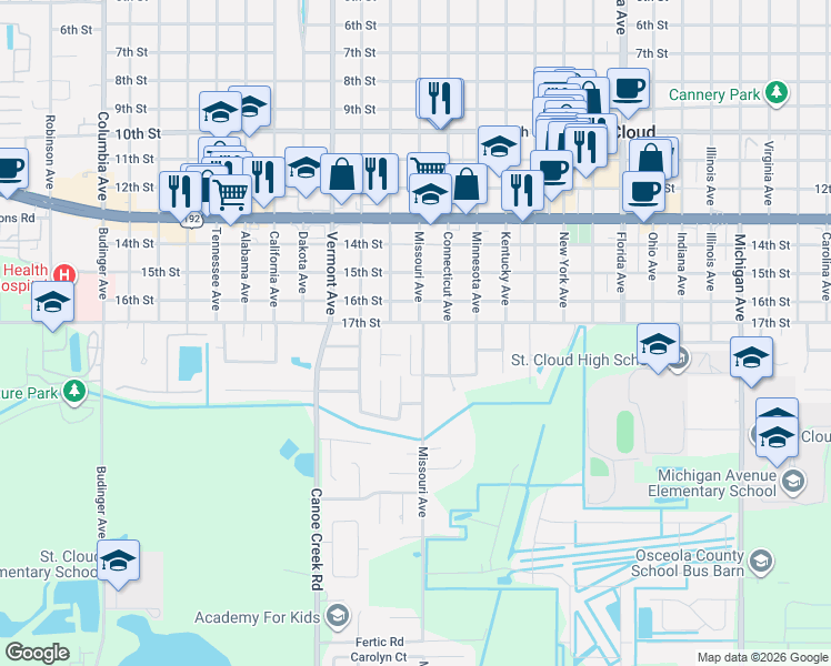 map of restaurants, bars, coffee shops, grocery stores, and more near 1801 17th Street in St. Cloud