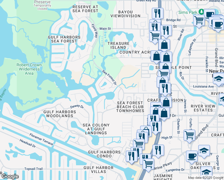 map of restaurants, bars, coffee shops, grocery stores, and more near 5722 Biscayne Court in New Port Richey