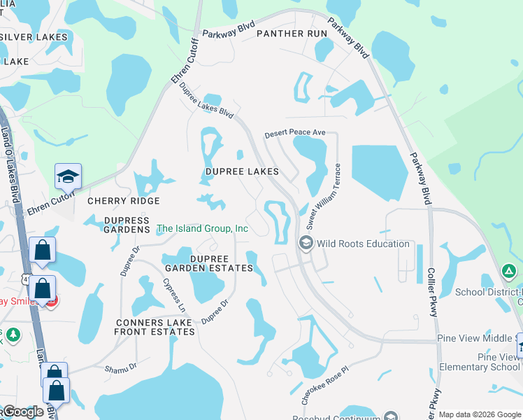 map of restaurants, bars, coffee shops, grocery stores, and more near 5831 Candytuft Place in Land O' Lakes