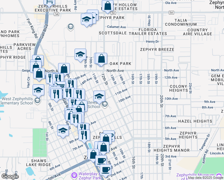 map of restaurants, bars, coffee shops, grocery stores, and more near 5808 12th Street in Zephyrhills