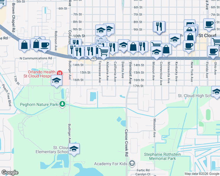 map of restaurants, bars, coffee shops, grocery stores, and more near 2319 17th Street in Saint Cloud