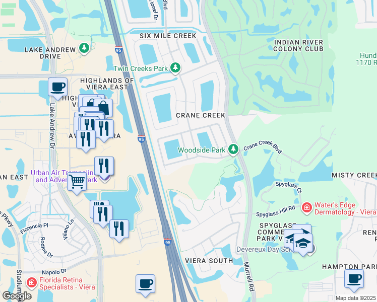 map of restaurants, bars, coffee shops, grocery stores, and more near 1794 Crane Creek Boulevard in Melbourne