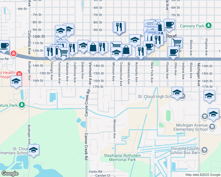 map of restaurants, bars, coffee shops, grocery stores, and more near 1801 17th Street in St. Cloud