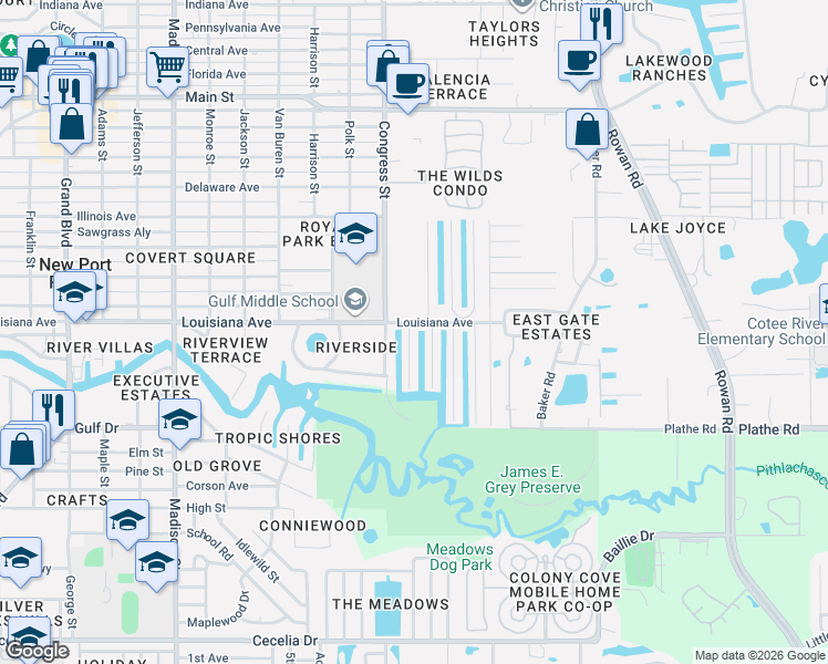 map of restaurants, bars, coffee shops, grocery stores, and more near 5709 Clubhouse Drive in New Port Richey