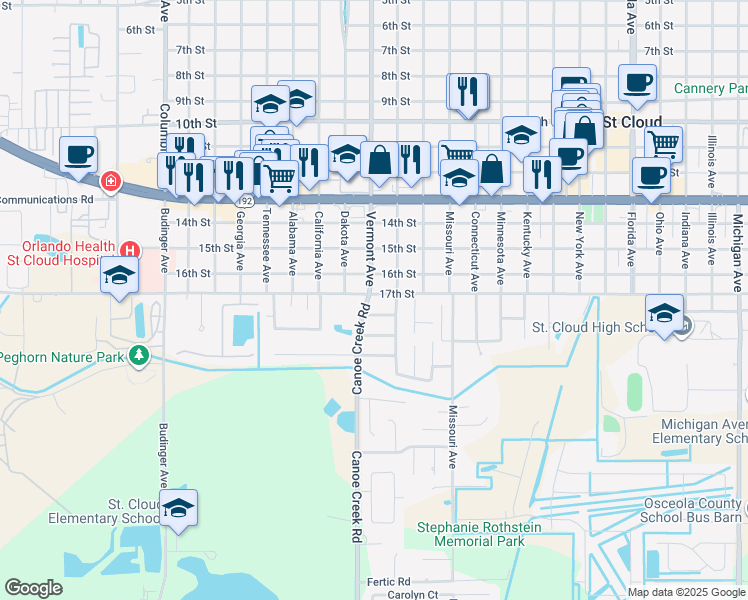 map of restaurants, bars, coffee shops, grocery stores, and more near 2025 17th Street in St. Cloud