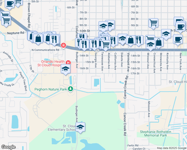 map of restaurants, bars, coffee shops, grocery stores, and more near 1740 Christina Lee Lane in St. Cloud