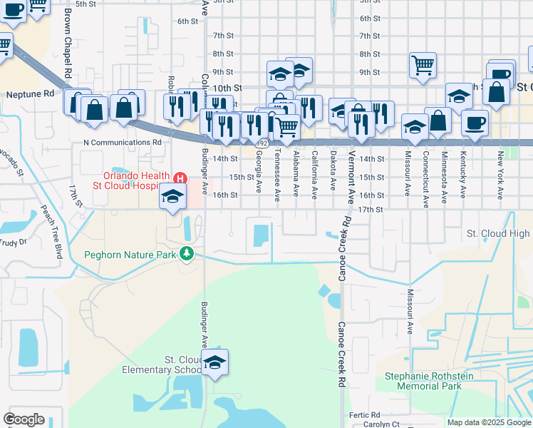 map of restaurants, bars, coffee shops, grocery stores, and more near 1708 Christina Lee Lane in Saint Cloud