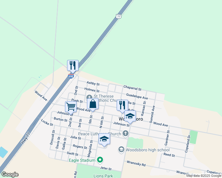 map of restaurants, bars, coffee shops, grocery stores, and more near 603 Guadalupe Avenue in Woodsboro