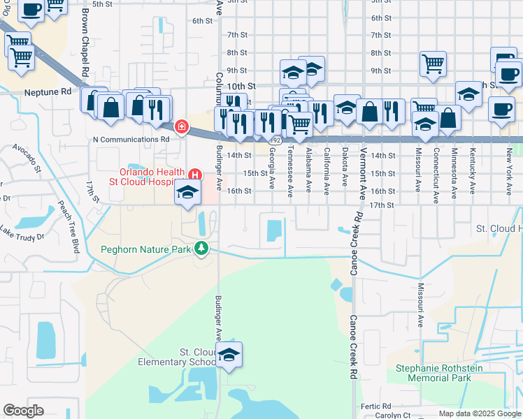 map of restaurants, bars, coffee shops, grocery stores, and more near 1740 Christina Lee Lane in St. Cloud