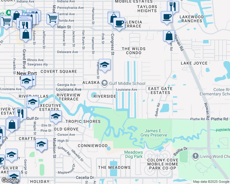 map of restaurants, bars, coffee shops, grocery stores, and more near 5712 Congress Street in New Port Richey