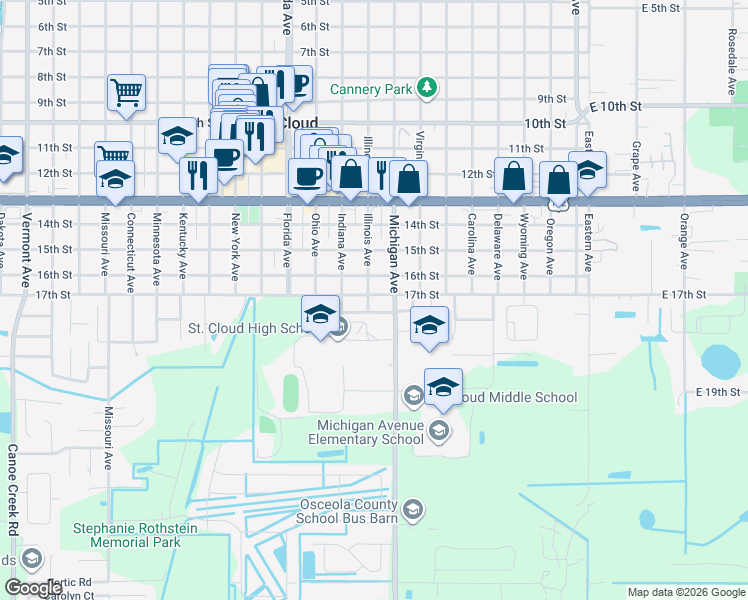 map of restaurants, bars, coffee shops, grocery stores, and more near 1701 Illinois Avenue in St. Cloud