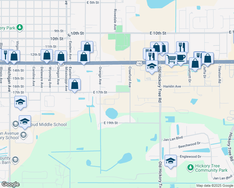 map of restaurants, bars, coffee shops, grocery stores, and more near 521 East 17th Street in St. Cloud