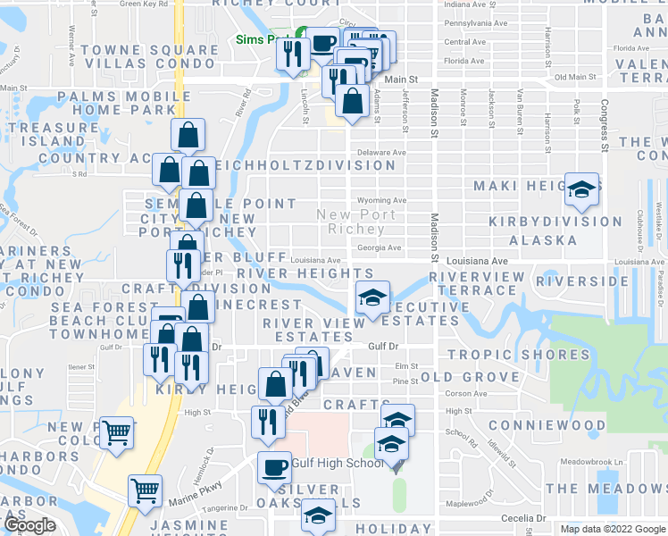 map of restaurants, bars, coffee shops, grocery stores, and more near 5702 Oak Ridge Avenue in Port Richey