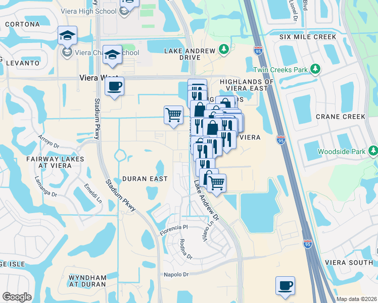 map of restaurants, bars, coffee shops, grocery stores, and more near 2391 Town Center Avenue in Melbourne