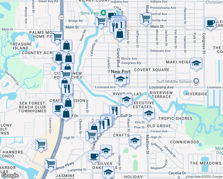 map of restaurants, bars, coffee shops, grocery stores, and more near 5702 Oak Ridge Avenue in Port Richey