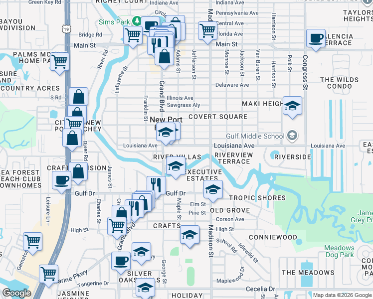 map of restaurants, bars, coffee shops, grocery stores, and more near 5843 Dailey Lane in New Port Richey