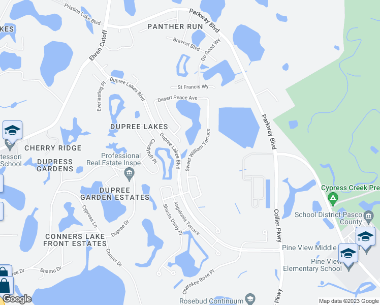 map of restaurants, bars, coffee shops, grocery stores, and more near 5823 Sweet William Terrace in Land O' Lakes