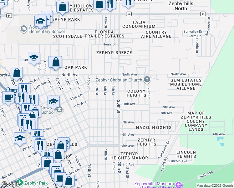 map of restaurants, bars, coffee shops, grocery stores, and more near 5800 20th Street in Zephyrhills