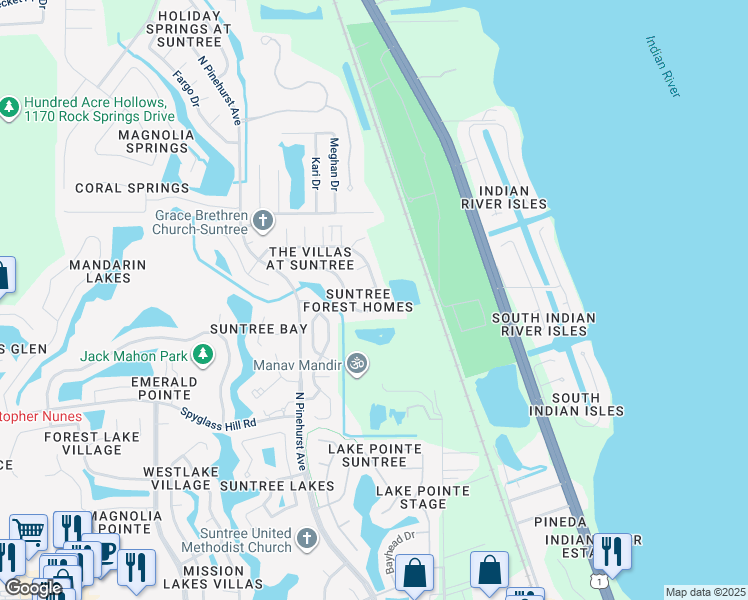 map of restaurants, bars, coffee shops, grocery stores, and more near 960 Villa Drive in Melbourne
