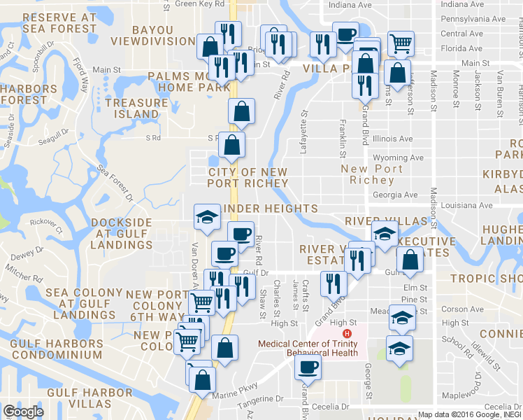 map of restaurants, bars, coffee shops, grocery stores, and more near 5331 Linder Place in New Port Richey