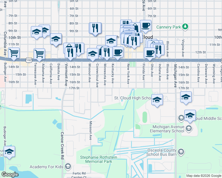 map of restaurants, bars, coffee shops, grocery stores, and more near 1707 Minnesota Avenue in St. Cloud