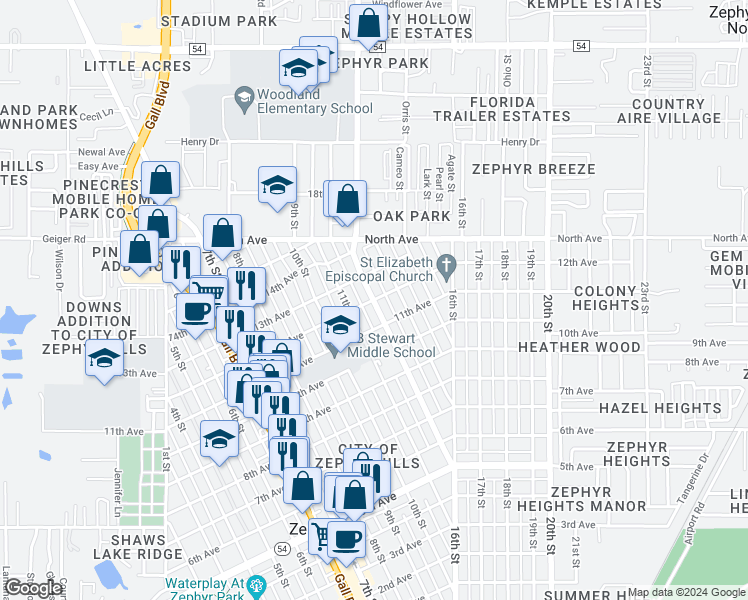 map of restaurants, bars, coffee shops, grocery stores, and more near 12th Avenue in Zephyrhills